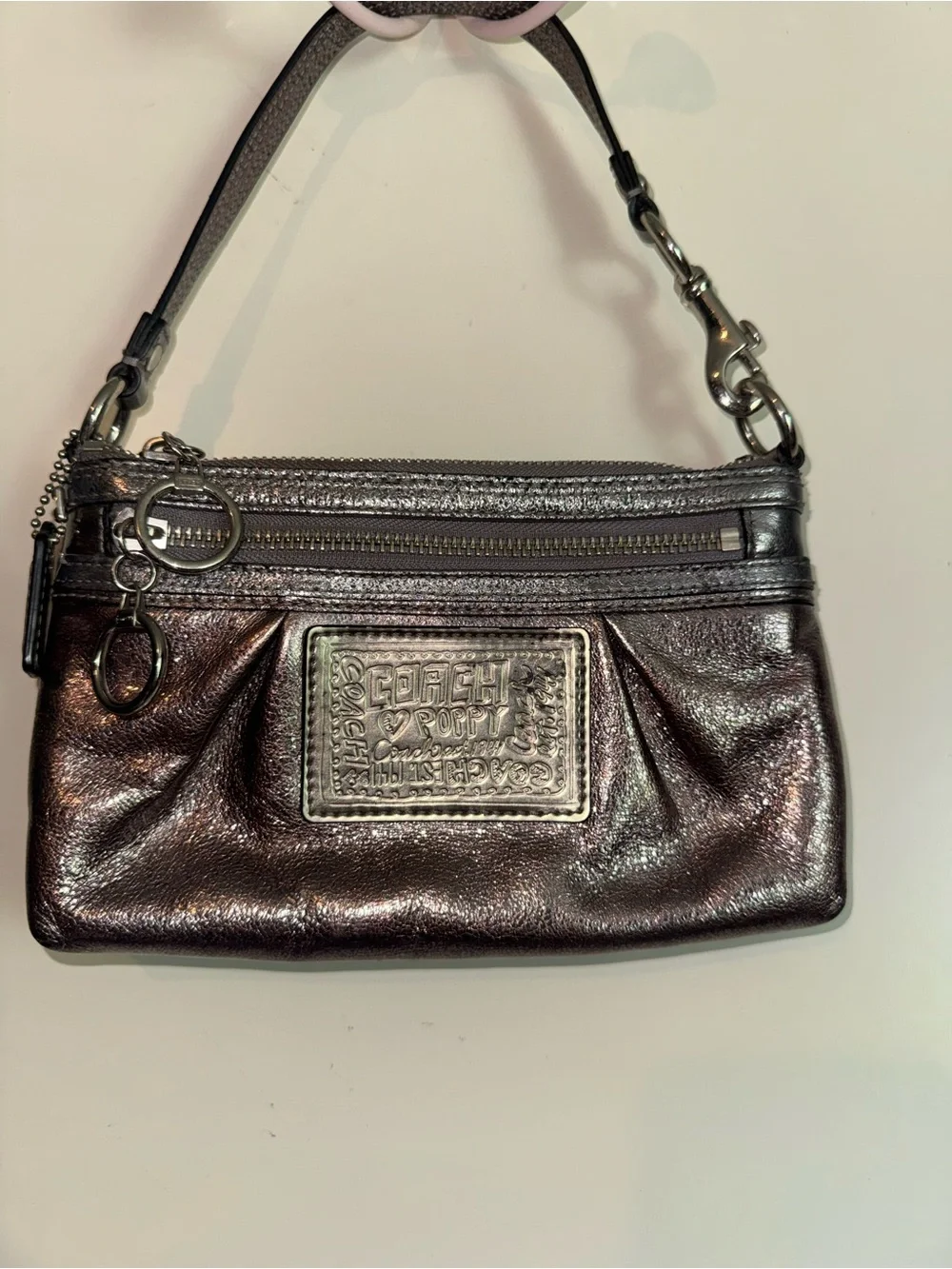 Coach Metallic Pewter Leather Poppy Wristlet